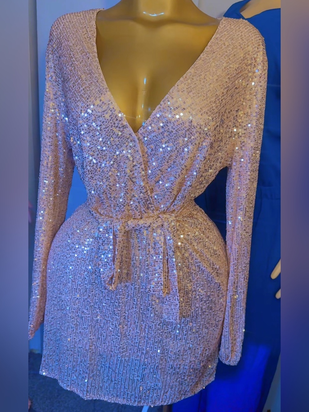 chic Pink Sequin Wrap Long Sleeve Mini Dress